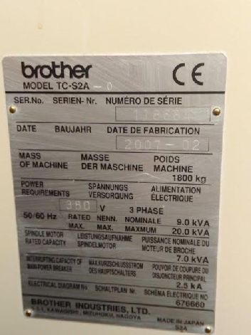 BROTHER TC S2A-0 CNC DRILL/TAP VERTICAL MACHINING CENTRE