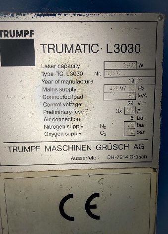 TRUMPF TRUMATIC L3030 CNC LASER CUTTING MACHINE  WITH TLF2600 TURBO LASER - ** URGENT SALE REQUIRED **