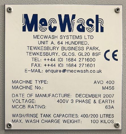 MECWASH AVD 400 AQUEOUS PARTS DEGREASING/WASHING MACHINE