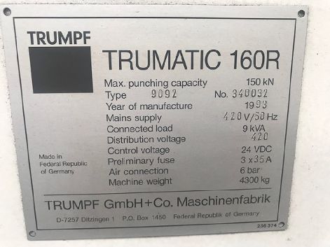 TRUMPF TRUMATIC 160R CNC TURRET PUNCH PRESS