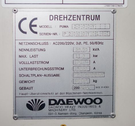 DAEWOO PUMA 2000Y CNC TURNING CENTRE (C-AXIS, Y-AXIS)