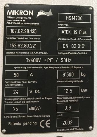 MIKRON HSM 700 CNC VERTICAL MACHINING CENTRE