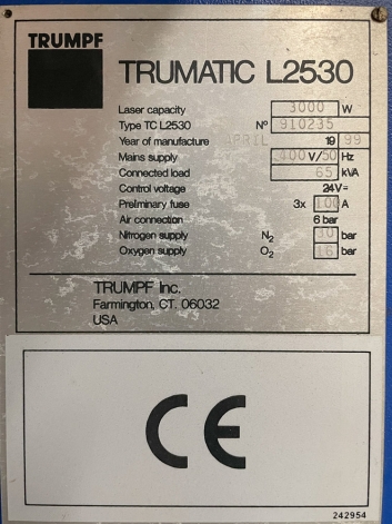 TRUMPF TRUMATIC L2530 CNC LASER CUTTING MACHINE (3KW)