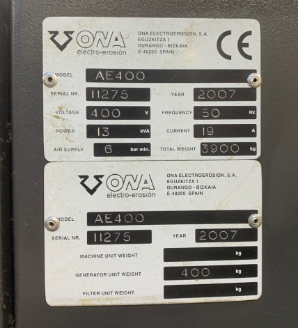 ONA AE400 WIRE ERIOSION ELECTRIC DISCHARGE MACHINE (EDM)